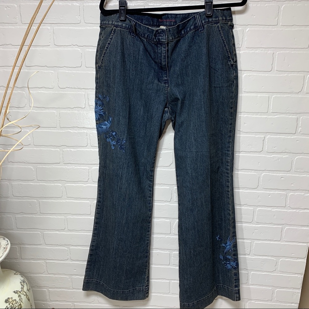 Anthropologie High Rise Jeans with Blue Floral Embroidery